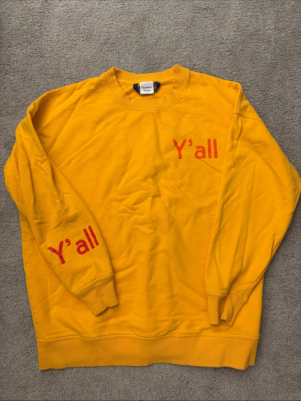 Outdoor Voices Yellow Crewneck Sweatshirt with Red 'Y'all' Text